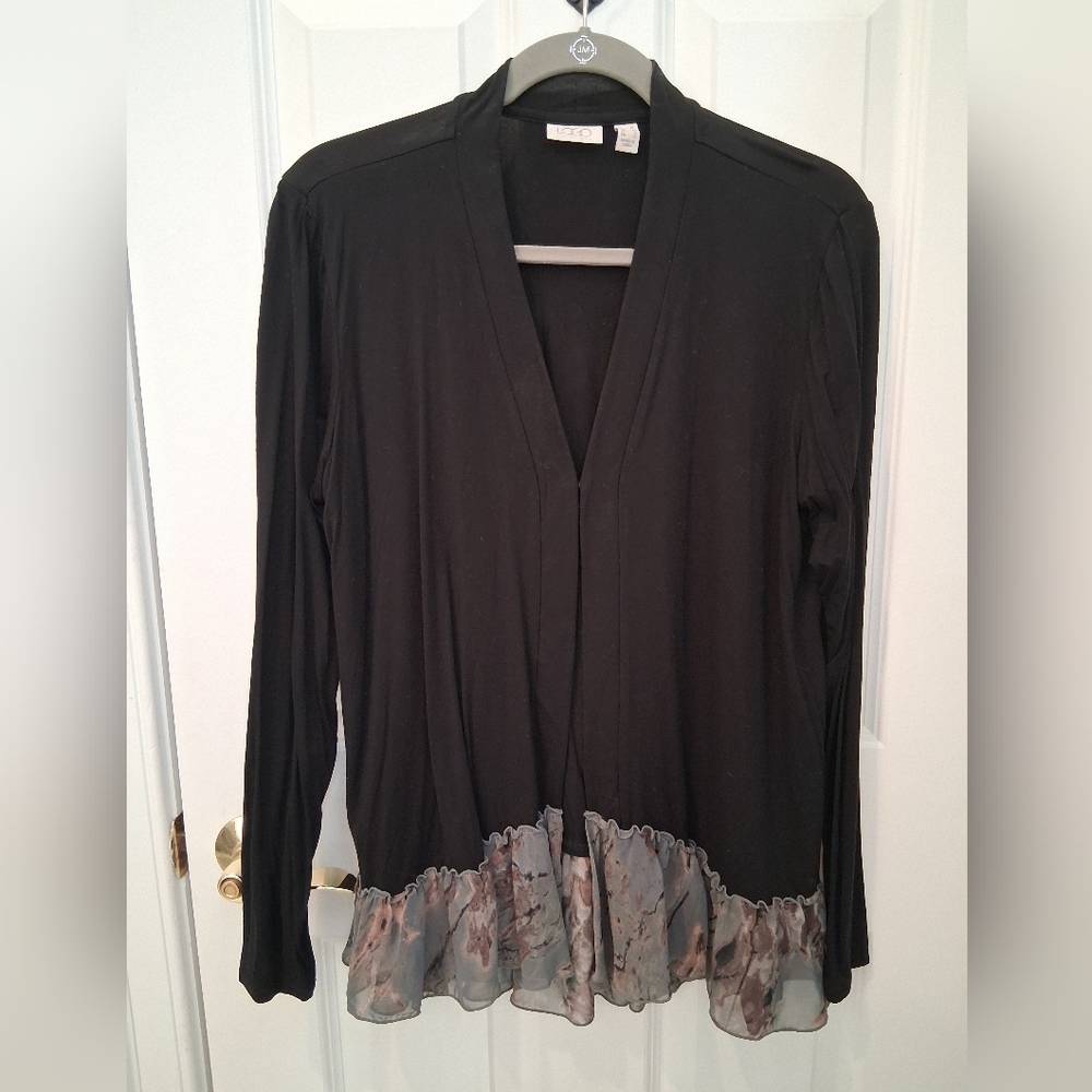 LOGO by Lori Goldstein Black Cardigan with Gray Ruffle